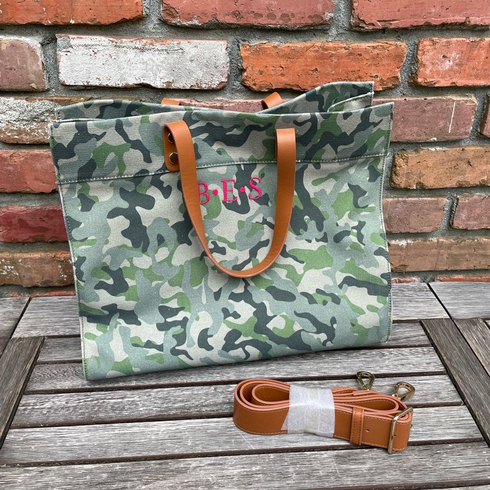 Mark and Graham Essential Camo Canvas Tote Green Multicolor Monogram “BES” NWOT